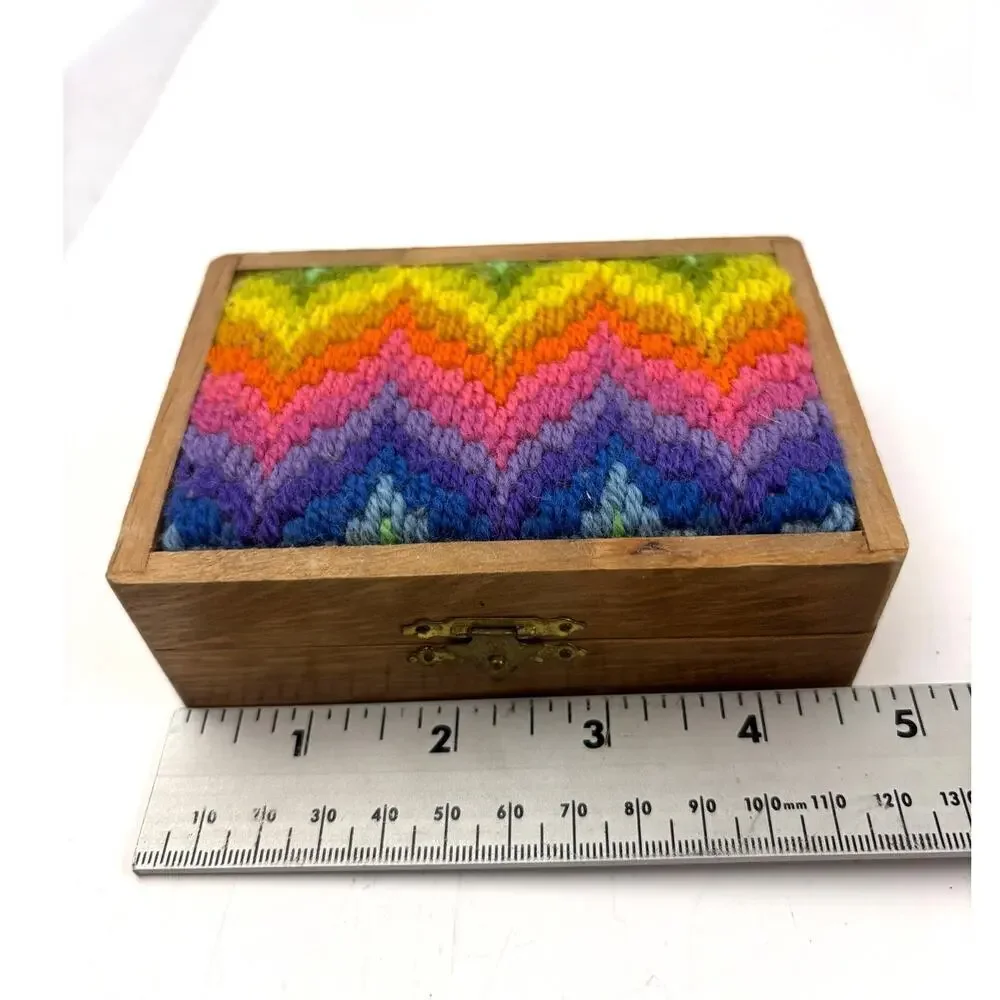 VTG Rainbow Chevron Fabric‎ Wooden Trinket Box Small 1970s